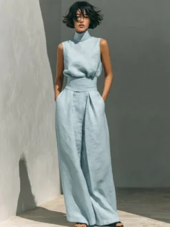 Ensembles deux pièces : pantalon et robe maxi écru blanc à col montant sans manches élégants