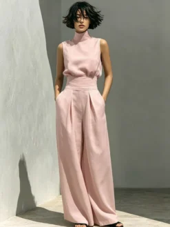 Ensembles deux pièces : pantalon et robe maxi écru blanc à col montant sans manches élégants