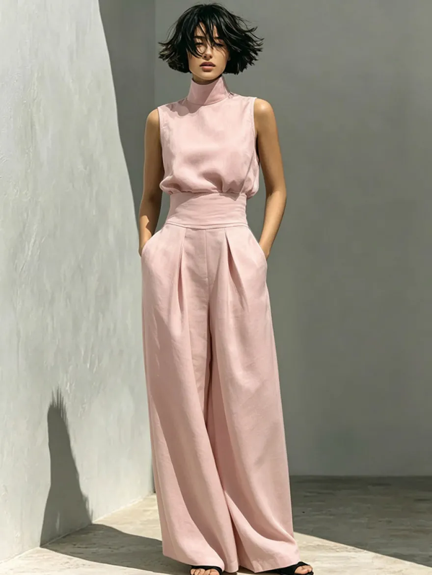 Ensembles deux pièces : pantalon et robe maxi écru blanc à col montant sans manches élégants