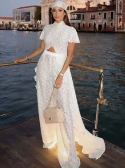 Ensembles deux pièces : pantalon robe maxi blanc tenue de villégiature col rond manches illusion manches courtes