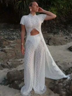 Ensembles deux pièces : pantalon robe maxi blanc tenue de villégiature col rond manches illusion manches courtes