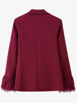 Ensemble tailleur 2 pièces à poignets en plumes pour femme - Blazer rouge élégant et pantalon droit assortis - Tenue de soirée professionnelle printanière 2026