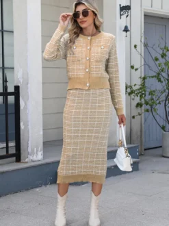 Ensemble tricoté avec cardigan à carreaux et jupe crayon mi-longue pour femme 2026