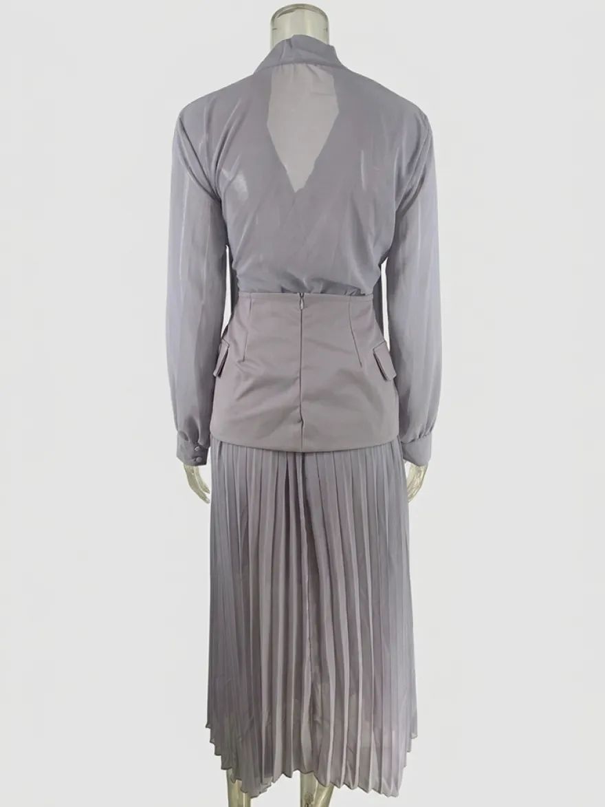 Ensemble trois pièces élégant à manches longues pour femme - Chemisier en mousseline à col noué et ceinture assortie et jupe maxi - Idéal pour une soirée de printemps au bureau (2026)