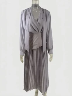 Ensemble trois pièces élégant à manches longues pour femme - Chemisier en mousseline à col noué et ceinture assortie et jupe maxi - Idéal pour une soirée de printemps au bureau (2026)