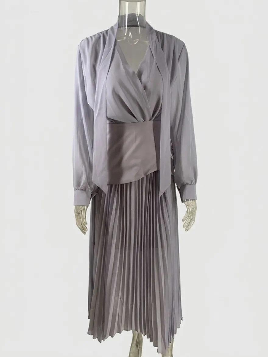 Ensemble trois pièces élégant à manches longues pour femme - Chemisier en mousseline à col noué et ceinture assortie et jupe maxi - Idéal pour une soirée de printemps au bureau (2026)