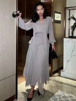 Ensemble trois pièces élégant à manches longues pour femme - Chemisier en mousseline à col noué et ceinture assortie et jupe maxi - Idéal pour une soirée de printemps au bureau (2026)