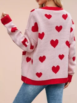Gilet cardigan oversize à manches longues et poches imprimé cœur et bordures contrastées col en V et boutons pour femme