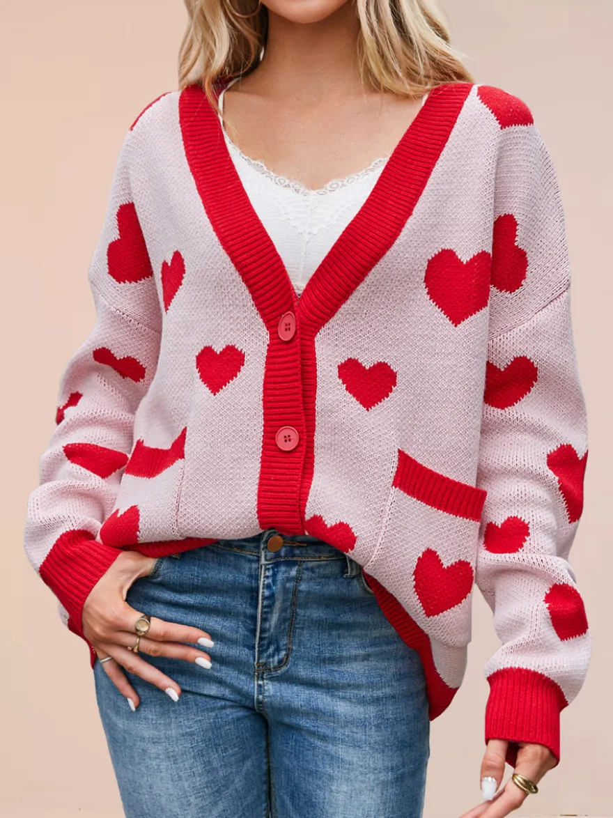 Gilet cardigan oversize à manches longues et poches imprimé cœur et bordures contrastées col en V et boutons pour femme