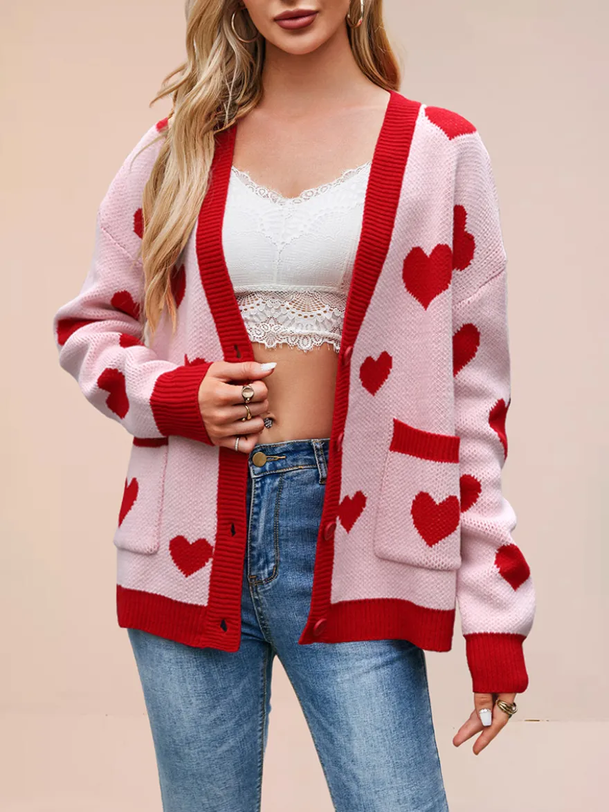 Gilet cardigan oversize à manches longues et poches imprimé cœur et bordures contrastées col en V et boutons pour femme
