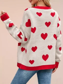 Gilet cardigan oversize à manches longues et poches imprimé cœur et bordures contrastées col en V et boutons pour femme