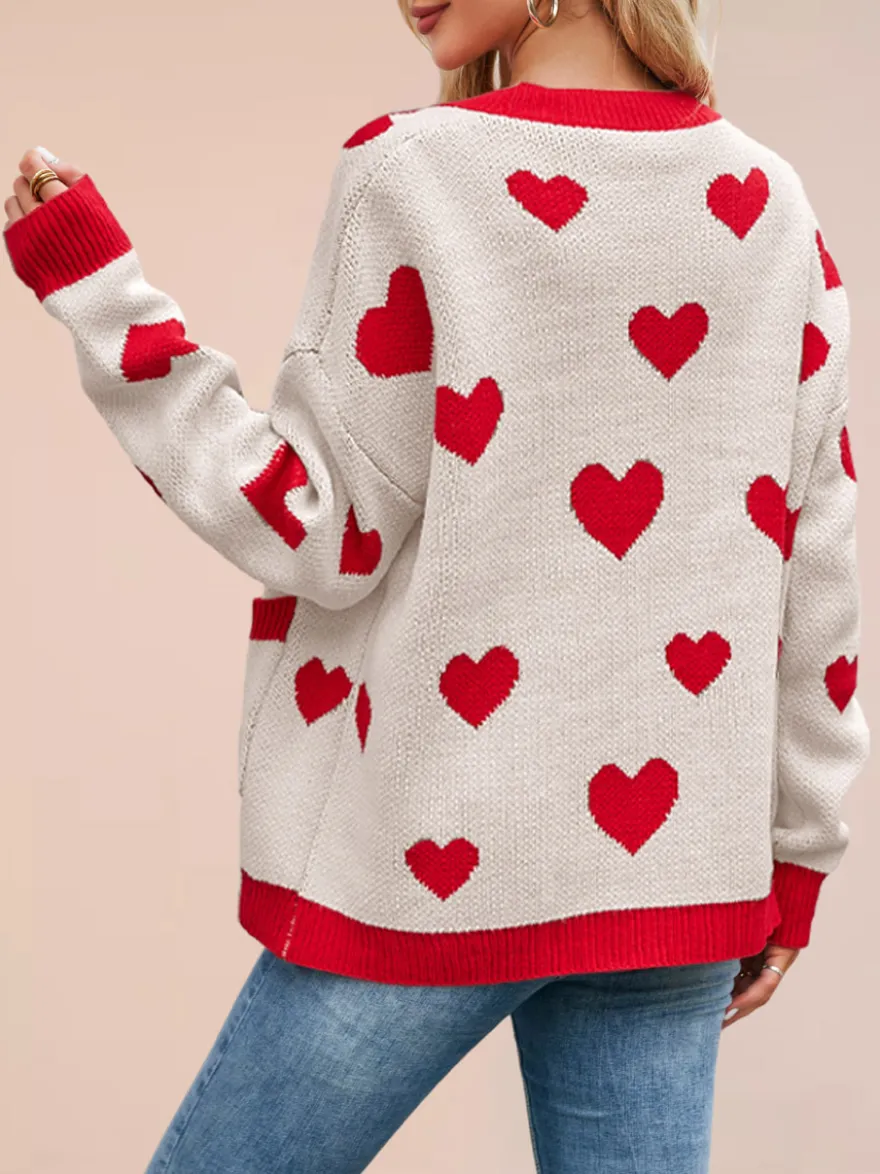 Gilet cardigan oversize à manches longues et poches imprimé cœur et bordures contrastées col en V et boutons pour femme