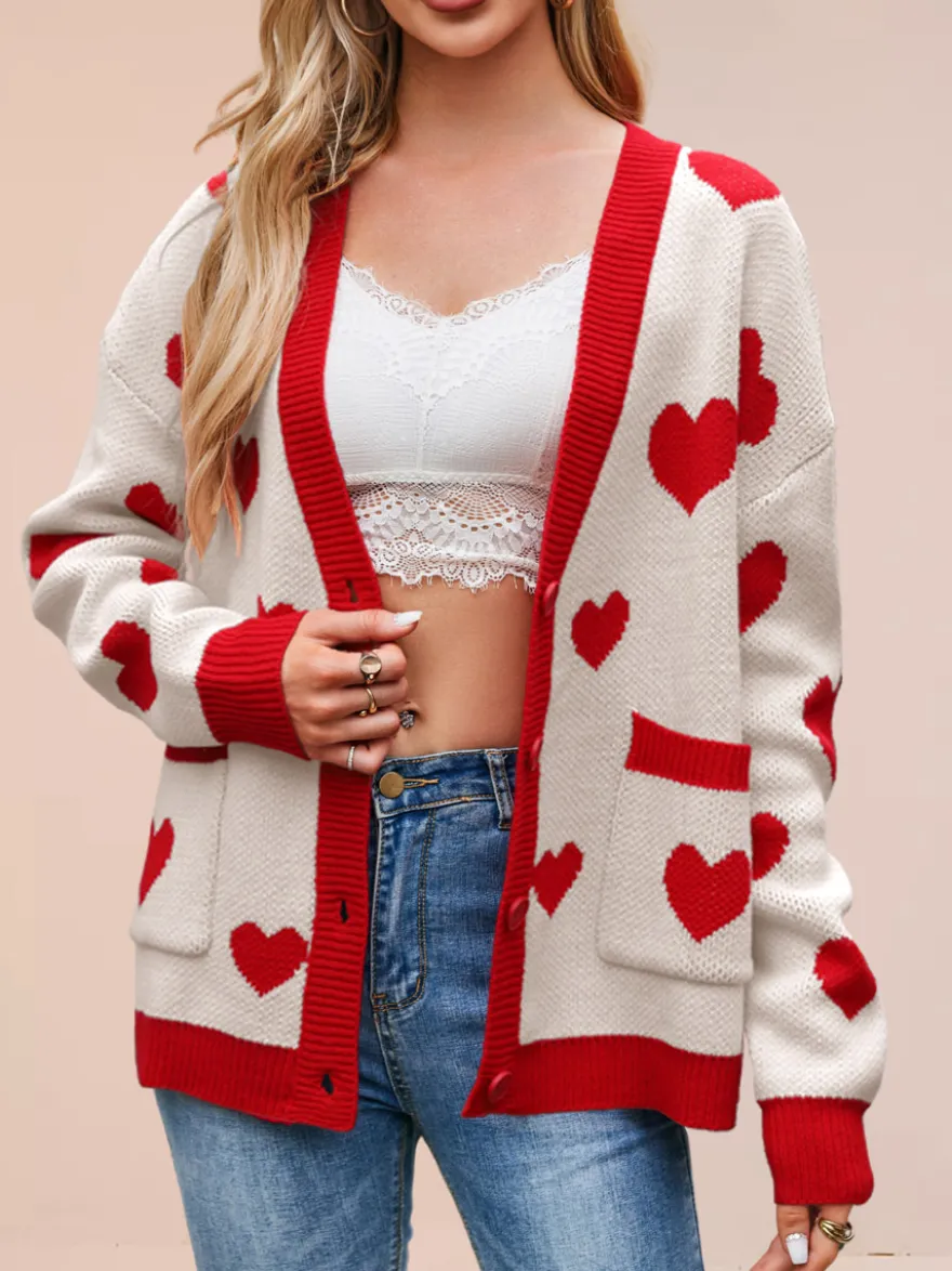 Gilet cardigan oversize à manches longues et poches imprimé cœur et bordures contrastées col en V et boutons pour femme