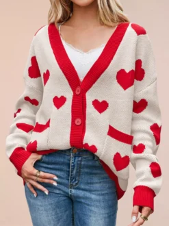 Gilet cardigan oversize à manches longues et poches imprimé cœur et bordures contrastées col en V et boutons pour femme