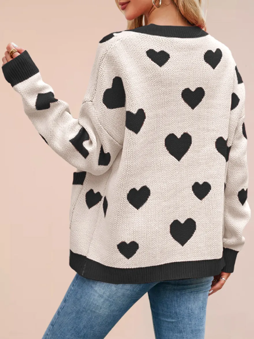 Gilet cardigan oversize à manches longues et poches imprimé cœur et bordures contrastées col en V et boutons pour femme