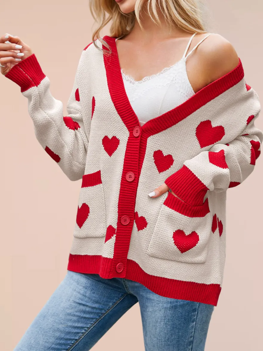 Gilet cardigan oversize à manches longues et poches imprimé cœur et bordures contrastées col en V et boutons pour femme