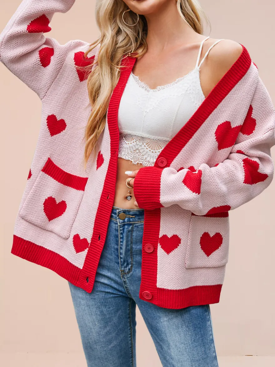 Gilet cardigan oversize à manches longues et poches imprimé cœur et bordures contrastées col en V et boutons pour femme