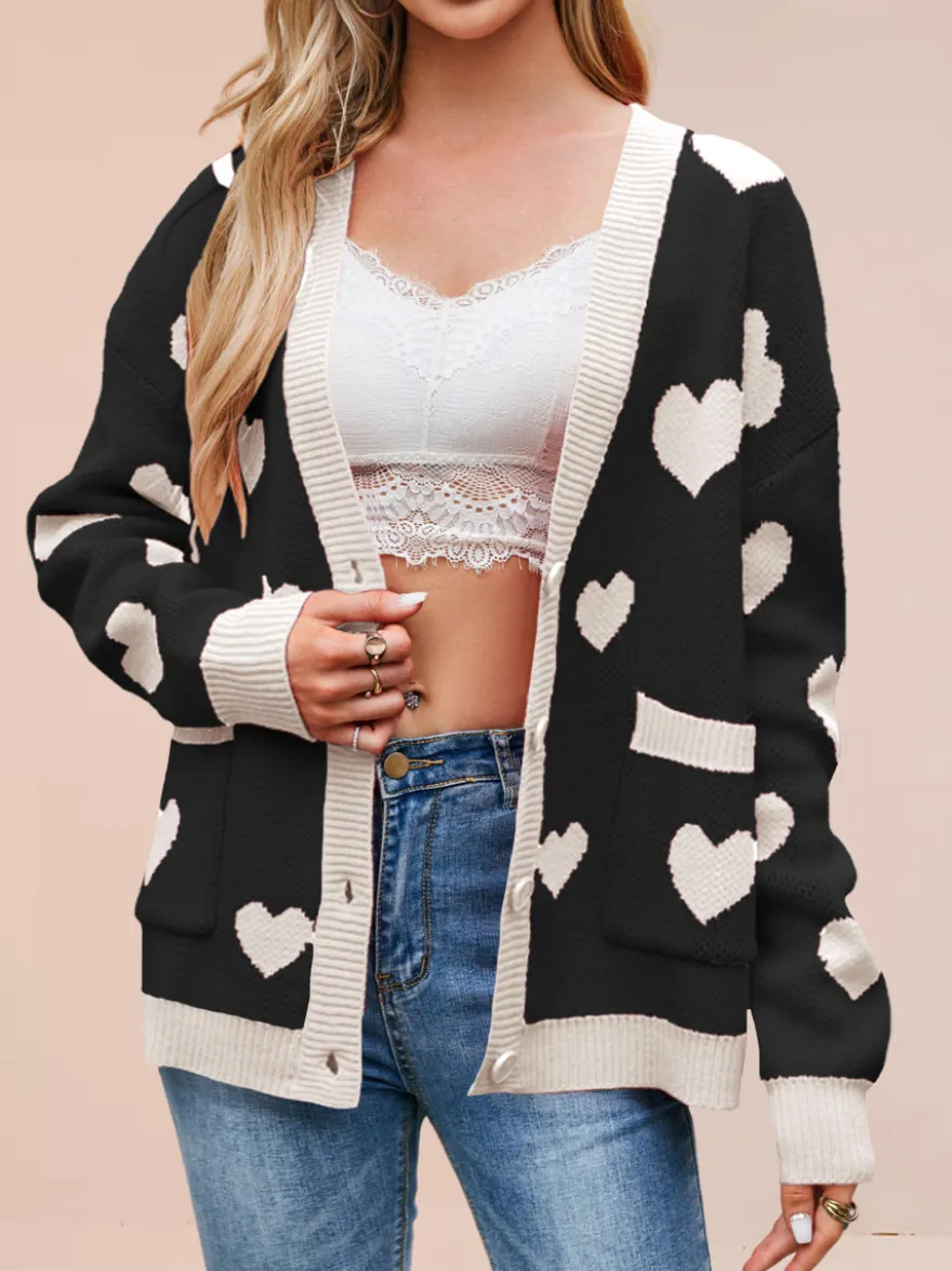 Gilet cardigan oversize à manches longues et poches imprimé cœur et bordures contrastées col en V et boutons pour femme