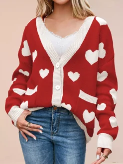 Gilet cardigan oversize à manches longues et poches imprimé cœur et bordures contrastées col en V et boutons pour femme