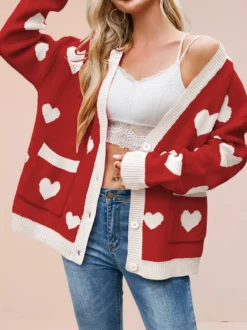 Gilet cardigan oversize à manches longues et poches imprimé cœur et bordures contrastées col en V et boutons pour femme