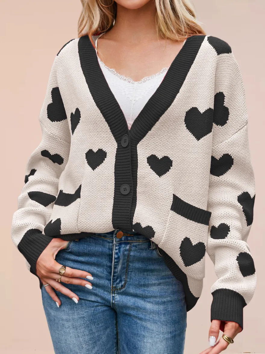 Gilet cardigan oversize à manches longues et poches imprimé cœur et bordures contrastées col en V et boutons pour femme