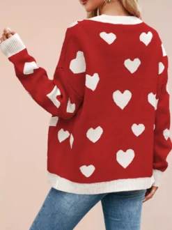 Gilet cardigan oversize à manches longues et poches imprimé cœur et bordures contrastées col en V et boutons pour femme