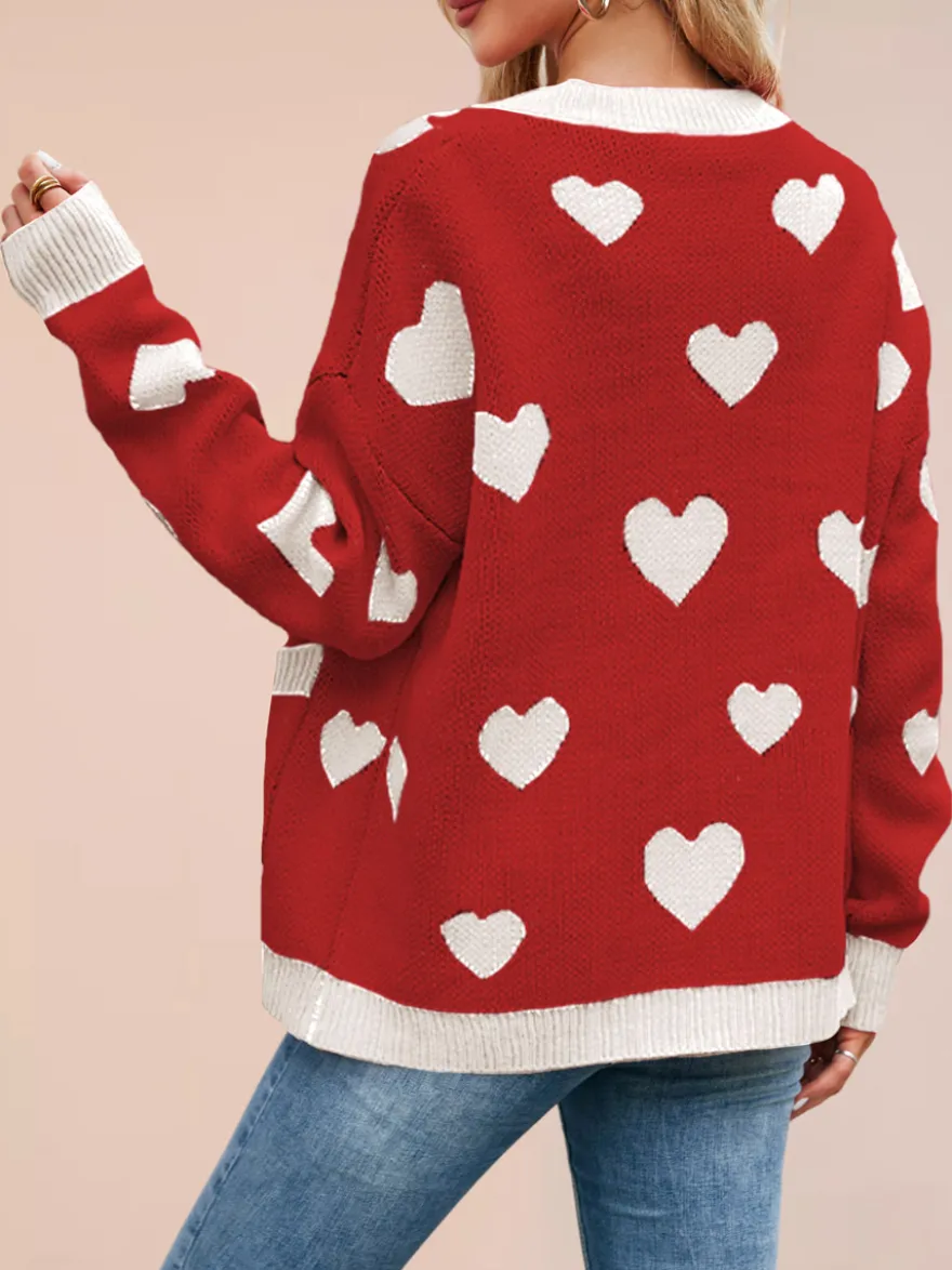 Gilet cardigan oversize à manches longues et poches imprimé cœur et bordures contrastées col en V et boutons pour femme