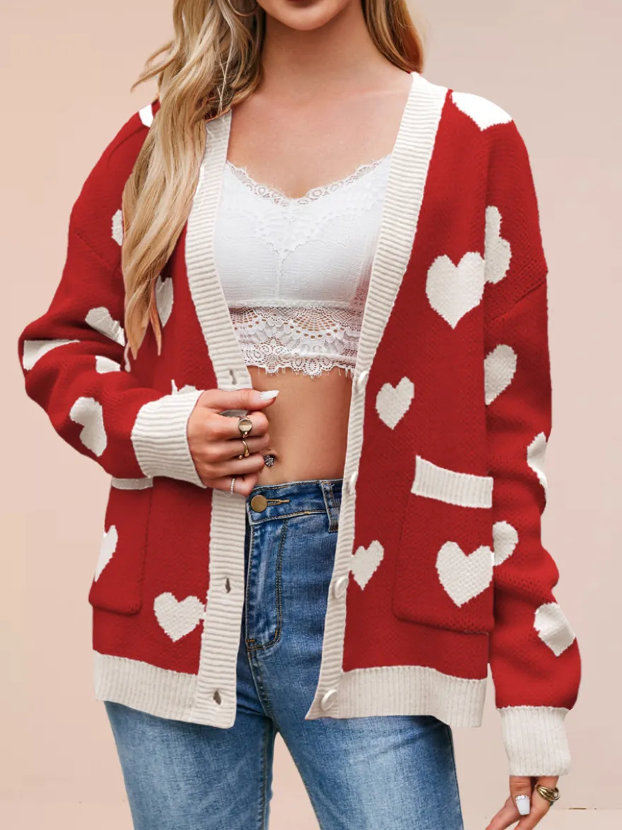 Gilet cardigan oversize à manches longues et poches imprimé cœur et bordures contrastées col en V et boutons pour femme
