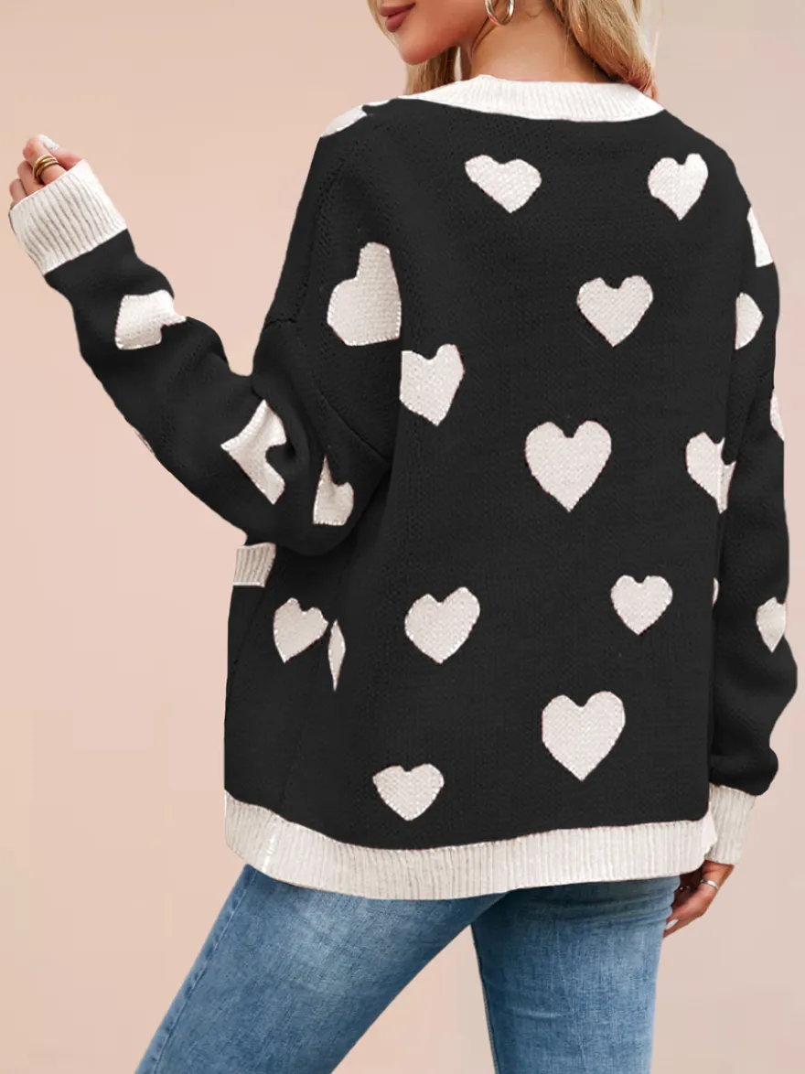Gilet cardigan oversize à manches longues et poches imprimé cœur et bordures contrastées col en V et boutons pour femme