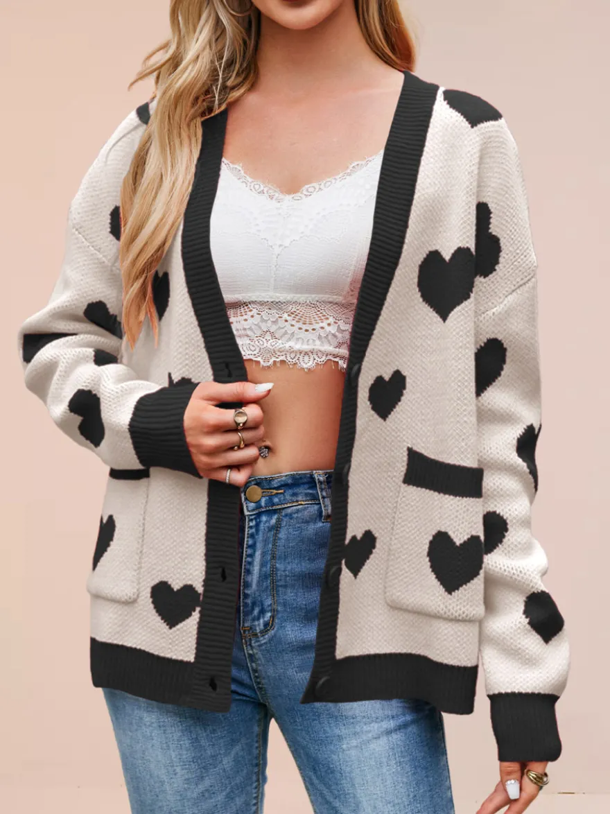 Gilet cardigan oversize à manches longues et poches imprimé cœur et bordures contrastées col en V et boutons pour femme