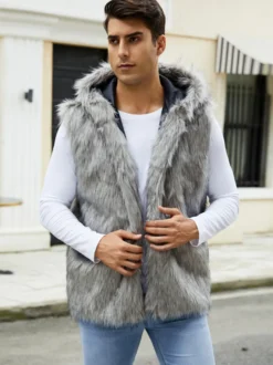Gilet En Fausse Fourrure Noir Hiver Chaud Hommes Sans Manches Col Rabattu Capuche