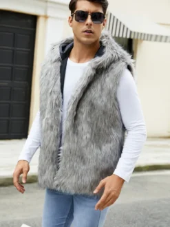 Gilet En Fausse Fourrure Noir Hiver Chaud Hommes Sans Manches Col Rabattu Capuche