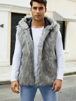 Gilet En Fausse Fourrure Noir Hiver Chaud Hommes Sans Manches Col Rabattu Capuche