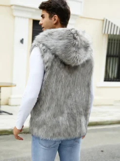 Gilet En Fausse Fourrure Noir Hiver Chaud Hommes Sans Manches Col Rabattu Capuche