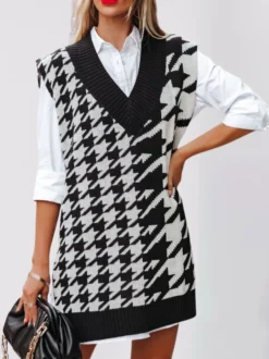 Gilet sans manches à carreaux pied-de-poule oversize col en V et fente latérale longue