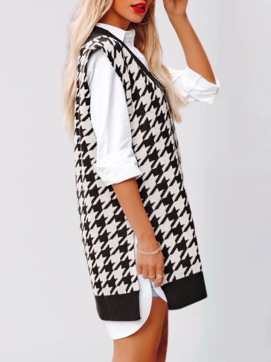 Gilet sans manches à carreaux pied-de-poule oversize col en V et fente latérale longue