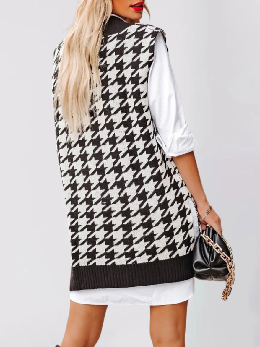 Gilet sans manches à carreaux pied-de-poule oversize col en V et fente latérale longue