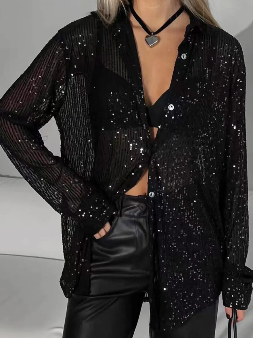 Gilets tendance pour les soirées col rabattu sequins manches longues en polyester