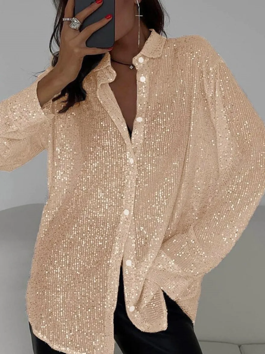 Gilets tendance pour les soirées col rabattu sequins manches longues en polyester