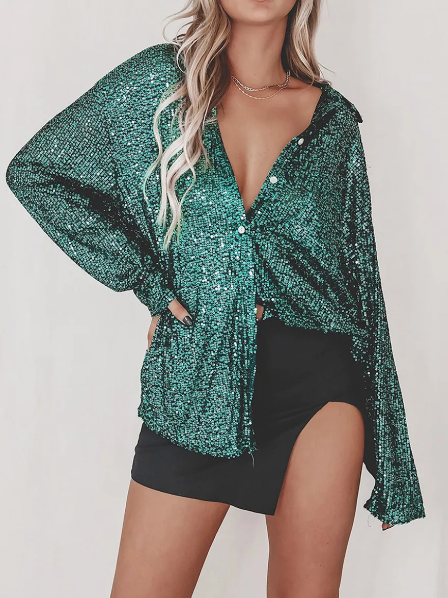 Gilets tendance pour les soirées col rabattu sequins manches longues en polyester