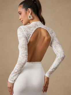 Haut court pour femme en nylon blanc et dentelle col rond manches longues style chic