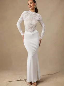 Haut court pour femme en nylon blanc et dentelle col rond manches longues style chic
