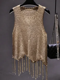 Haut de soirée unique à col rond et sequins sans manches