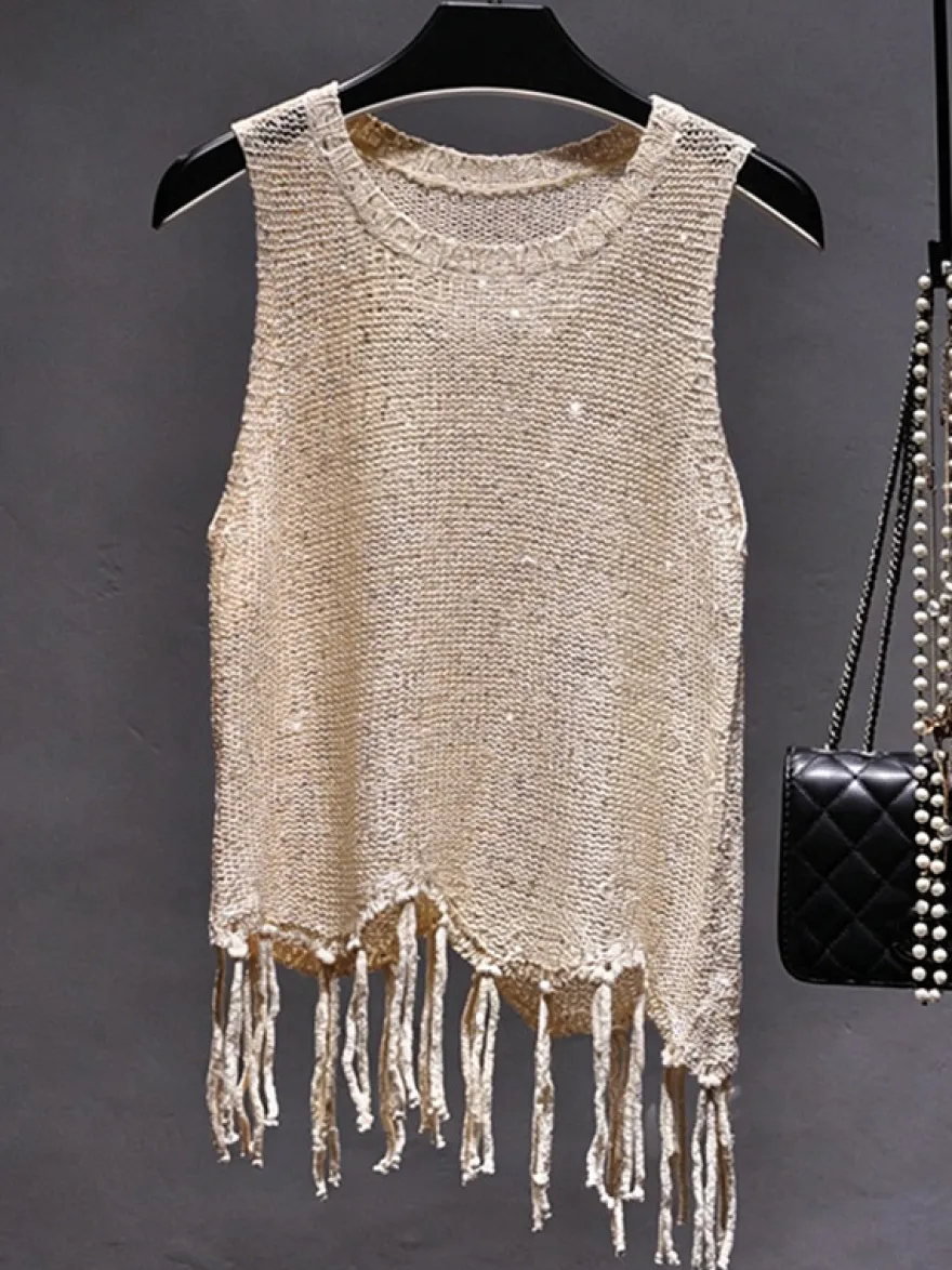 Haut de soirée unique à col rond et sequins sans manches