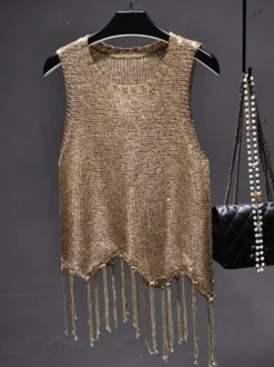 Haut de soirée unique à col rond et sequins sans manches