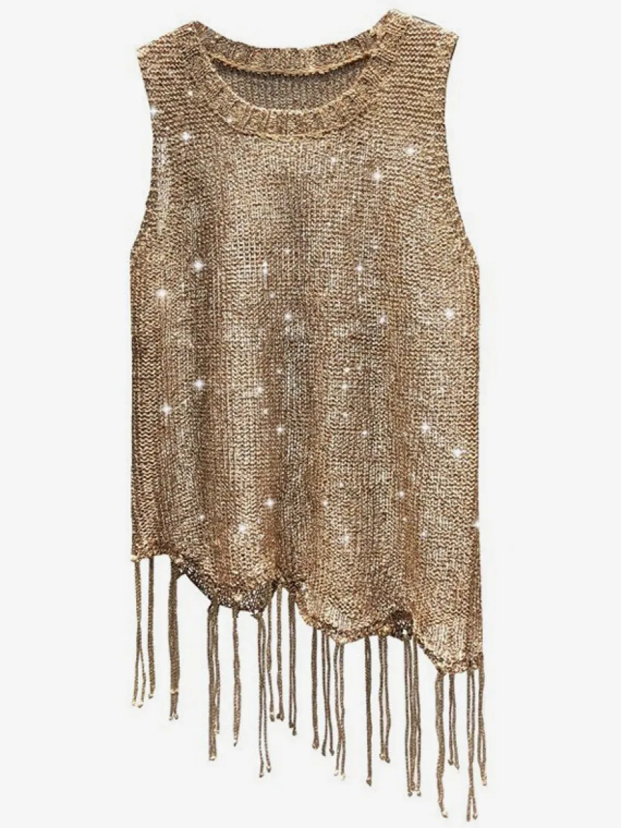 Haut de soirée unique à col rond et sequins sans manches