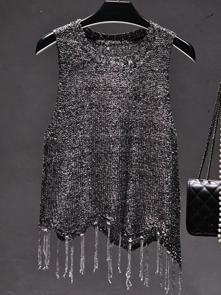 Haut de soirée unique à col rond et sequins sans manches