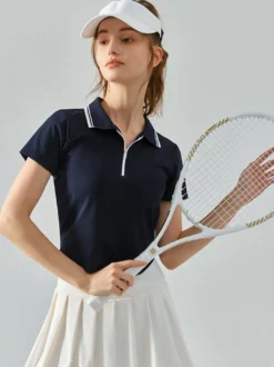Haut De Tennis Pour Femme Col Rond À Zip Top Nylon Manches Courtes Vêtements De Sport