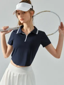 Haut De Tennis Pour Femme Col Rond À Zip Top Nylon Manches Courtes Vêtements De Sport