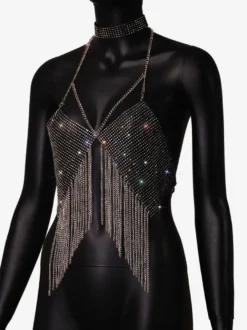 Hauts de soirée à bretelles dos nu chaînes strass et motifs géométriques